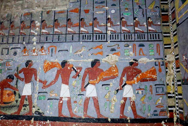 This photo released Tuesday, April 2, 2019, by the Egyptian Ministry of Antiquities, shows pharaonic paintings in the tomb of a noble from the time of one of the earliest pharaonic dynasties, in Saqqara, Giza, Egypt. The Antiquities Ministry said Tuesday that the tomb uncovered in the Saqqara pyramids complex outside Cairo dates to the 5th Dynasty, which ruled the Nile Valley from 2388-2356 B.C. Egypt frequently touts new archaeological finds, hoping to encourage tourism. (Egyptian Ministry of Antiquities via AP)