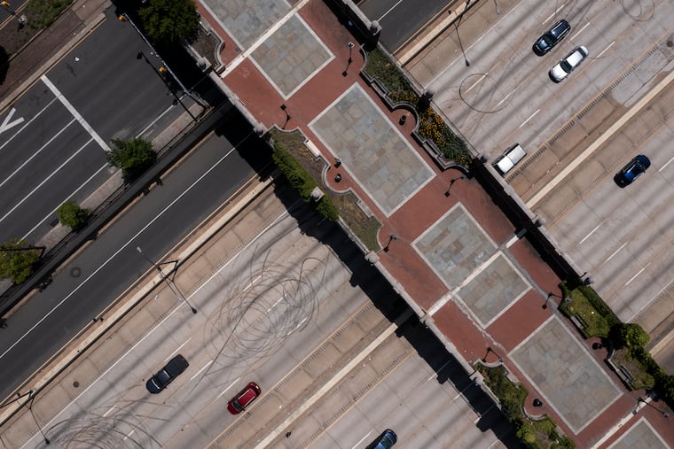 Tire marks show on I-95 near Walnut Street in Philadelphia near where a Pennsylvania State Police trooper shot and killed 18-year-old Anthony Allegrini Jr., of Glenn Mills, during a street-racing incident.