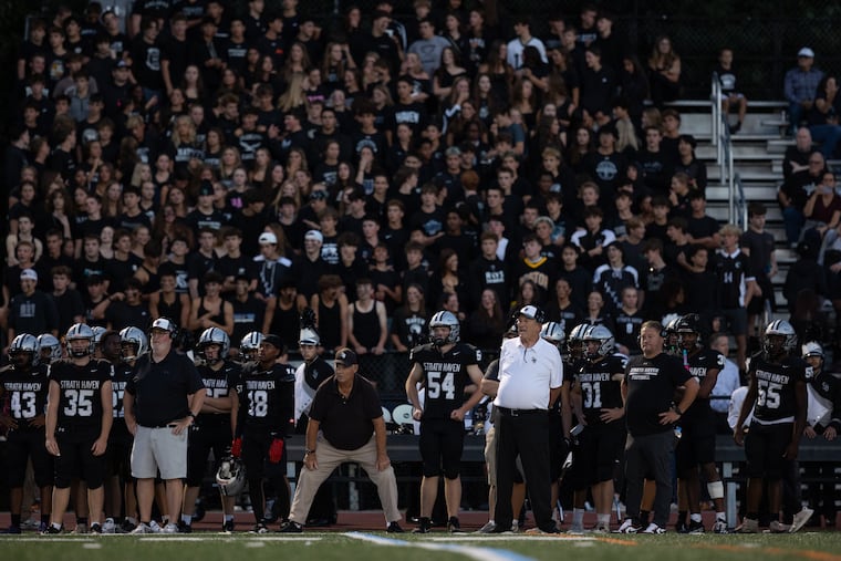Panthers head coach Kevin Clancy watches the play during the varsity football game between Strath Haven High School and Penncrest High School at George L. King Field in Wallingford, Pa. on Aug. 28, 2025. Wallingford-Swarthmore has one of the area's highest participation rates in high school sports, with more than 30% of students participating in 2024-25.
