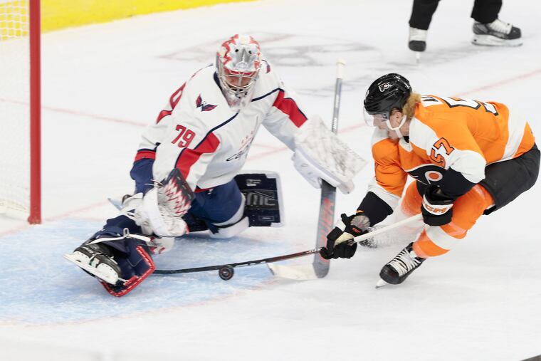 Capitals goalie 79 Charlie Lindgren gets in the way of a shot by Flyers 57 Wade Allison in the first period of the Phila. Flyers vs. Washington Capitals NHL preseason game at the Wells Fargo Center in Phila., Pa. on Sept. 28, 2022.
