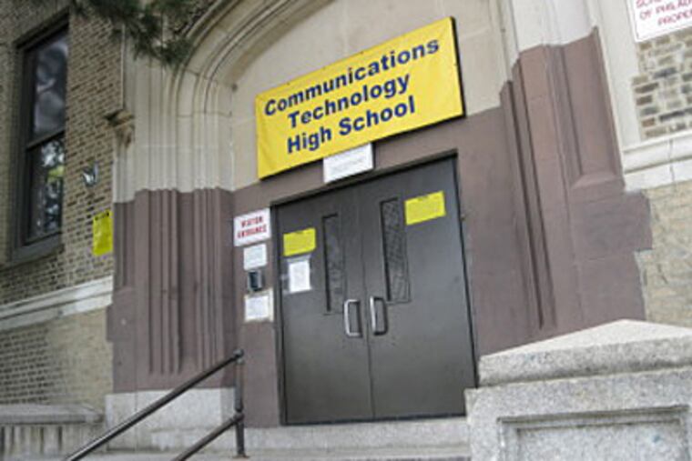 Exterior photo of Communications Technology High School, in Philadelphia. A former principal has surrendered academic credentials.