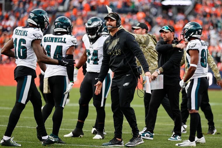 Eagles Head Coach Nick Sirianni greets his players against the Denver Broncos on Sunday, November 14, 2021 in Denver.