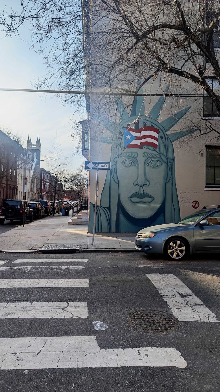The mural "Puerto Rican Statue of Liberty" in Fairmount, captured in March 2025.