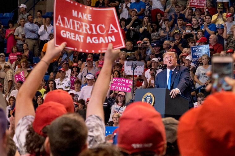 President Trump appears at a rally August 2, 2018, at Mohegan Sun Arena in Wilkes Barre.