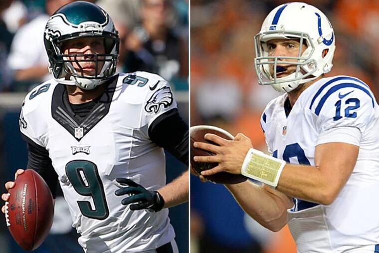 Eagles quarterback Nick Foles and Colts quarterback Andrew Luck. (Yong Kim/Staff Photographer) (Ron Chenoy/USA Today)