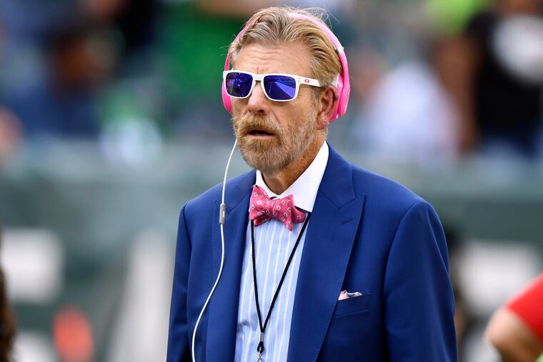 Longtime 94.1 WIP host Howard Eskin, seen here on the sidelines during a 2021 Eagles game, has yet to appear back on the station after being banned from Citizens Bank Park following an investigation of improper behavior towards an Aramark employee.