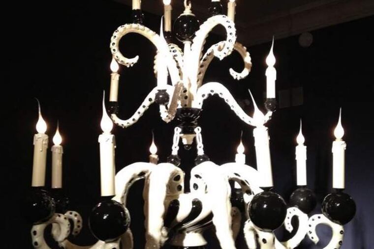 "White Vegas Chandelier," a baroque octopus lighting fixture by Adam Wallacavage on display in his bizarre "Shiny Monsters: An Installation" at the Philadelphia Art Alliance.