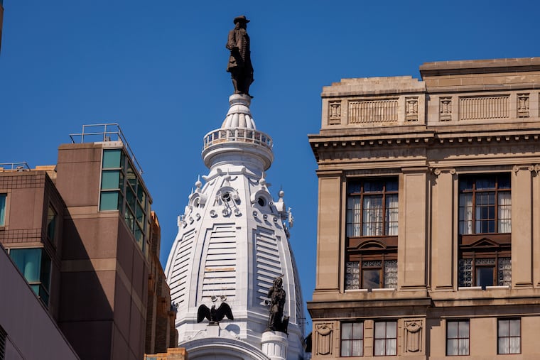 William Penn on top of Philadelphia City Hall as seen from 12th and Filbert Street, Philadelphia, Tuesday, August 26, 2025.