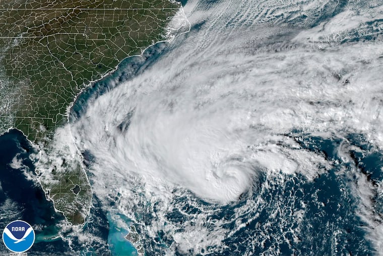 This GOES-East GoeColor satellite image taken at 2:36 p.m. Tuesday shows Tropical Storm Nicole approaching the northwestern Bahamas and Florida’s Atlantic coastline.