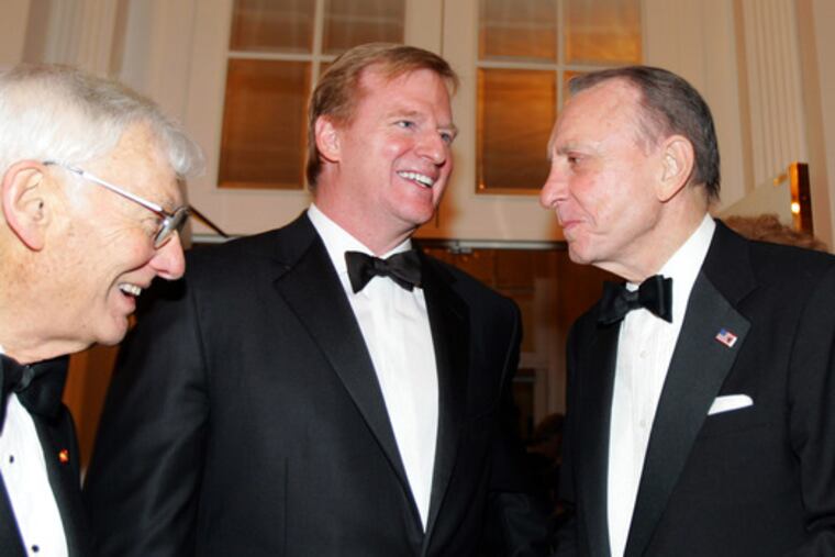 Sen. Arlen Specter visits with Pittsburgh Steelers ownerDan Rooney (left) and NFL commissioner Roger Goodellat a Pennsylvania Society Weekend reception in New York."There is an old adage: Live and learn," Specter said.