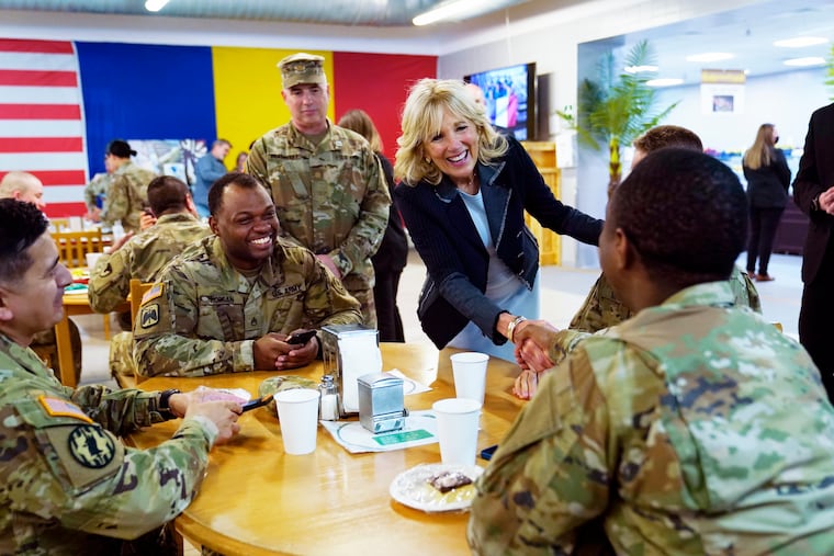 First lady Jill Biden meets U.S. troops during a visit to the Mihail Kogalniceanu Air Base in Romania.