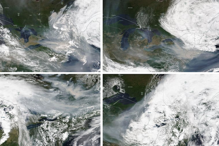 These satellite images were taken on (from top left) June 6, June 7, June 25, and June 27, 2023. They show the wind movement from wildfire smoke in Quebec, Canada.