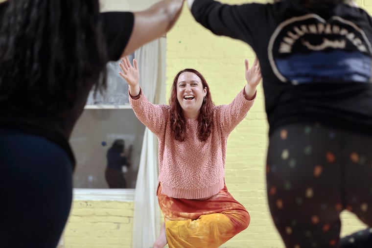 Clown educator Danielle Levsky leads a Fool's Yoga class at Studio 34 in West Philadelphia on Thursday, Feb. 20, 2025.