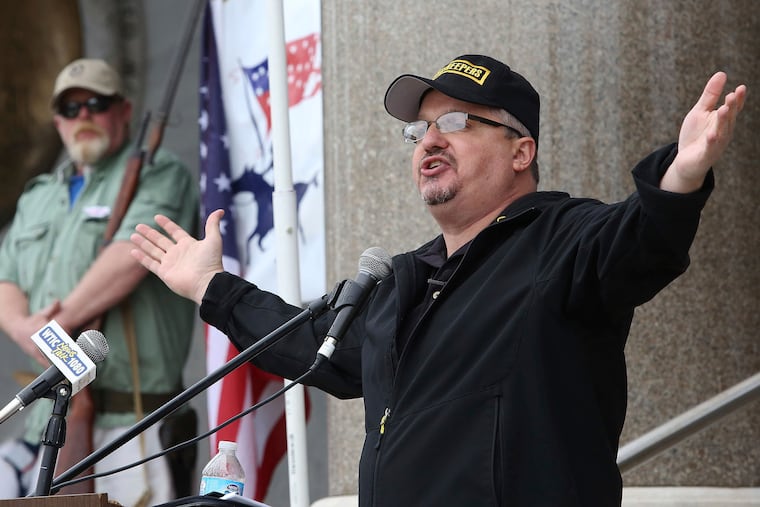 Stewart Rhodes, the founder of Oath Keepers, speaks during a gun rights rally at the Connecticut State Capitol in Hartford, Conn., in 2013.