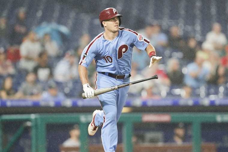 Phillies J.T. Realmuto runs to first base after hitting a solo home run against the Atlanta Braves on Thursday, Sept. 2, 2019 in Philadelphia.