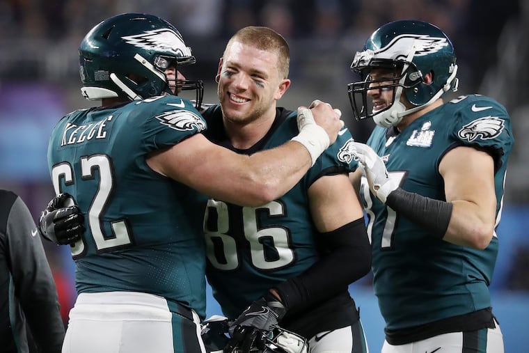 Zach Ertz celebrates his game-winning touchdown in Super Bowl LII with center Jason Kelce celebrates and fellow Eagles tight end Brent Celek.