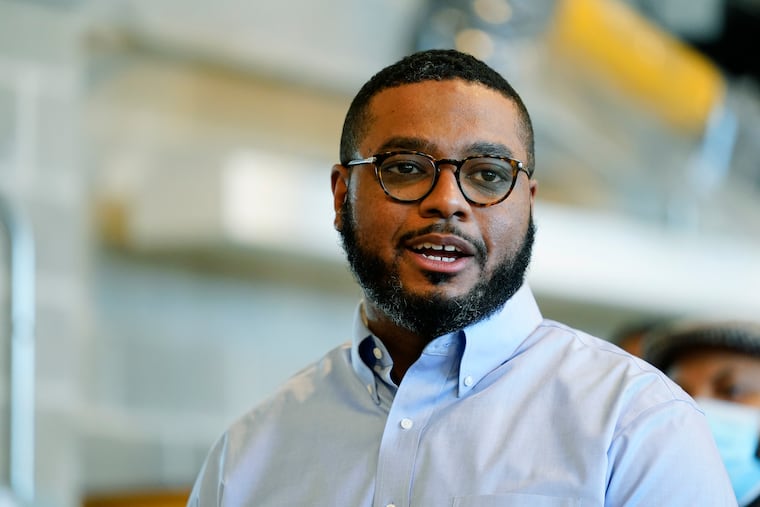 Candidate for lieutenant governor, State Rep. Austin Davis (D., McKeesport), speaks during a visit to the Laborers District Council Training and Learning Center in Philadelphia, Wednesday, Feb. 16, 2022.