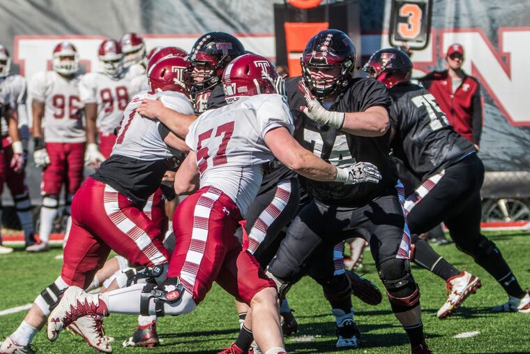 Temple OT James McHale (74) works in practice