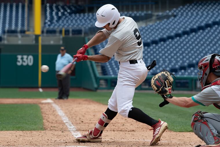 Burlington County's Elijah Dickerson hits a double in the eighth inning against Lehigh Valley.