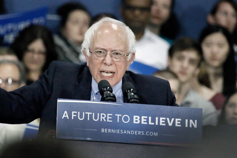 Bernie Sanders at a rally at the Greater Philadelphia Expo Center in Montgomery County. His backers started arriving three hours before his scheduled start time.