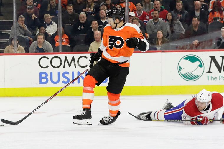 Flyers winger Carsen Twarynski, left, was hooked on a third-period breakaway by Montreal Canadiens defenseman Shea Weber in this game early in the 2019-20 season. Twarynski was awarded a penalty shot and missed.