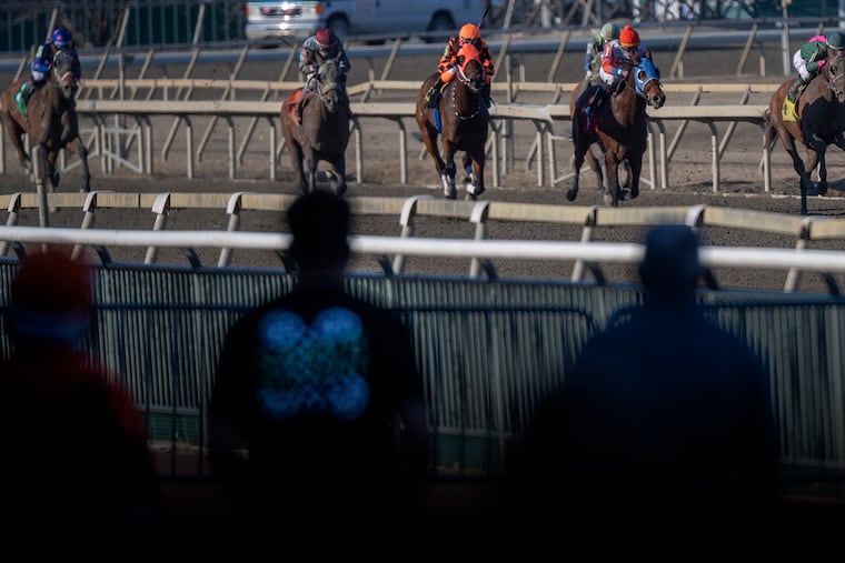 People watch racehorses compete during a race at the Parx horse track in Bensalem, Pa., on Wednesday, March 10, 2021.
