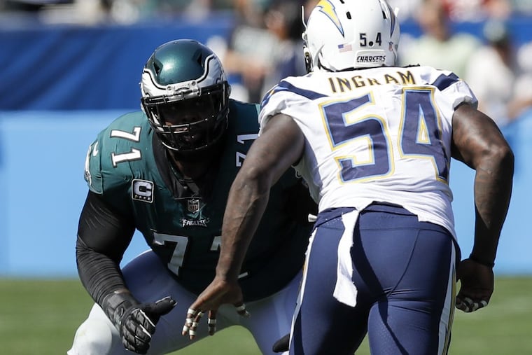 Eagles offensive tackle Jason Peters gets ready to take on the Chargers’ Melvin Ingram.