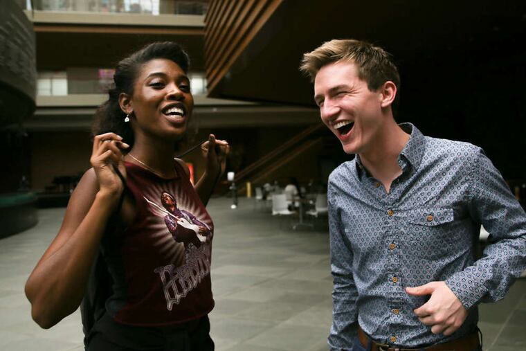 Alina John with Josh Daniel, a member of the current touring company of "The Book of Mormon," at the Kimmel Center for the Performing Arts.