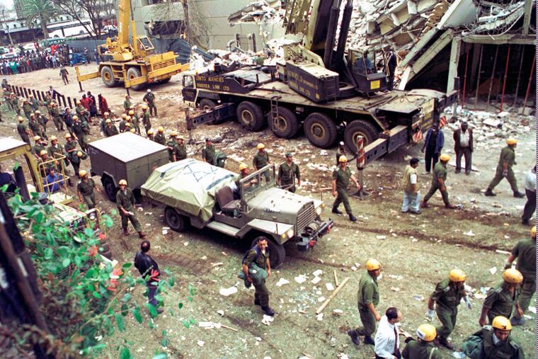 Israeli soldiers bring in heavy lifting equipment to the wreckage of the Ufundi House, adjacent to the U.S. embassy in Nairobi. The United States and Israel worked together to track and kill Abu Mohammed al-Masri, a senior al-Qaida operative in Iran earlier this year, a bold intelligence operation by the two allied nations that came as the Trump administration was ramping up pressure on Tehran. Al-Masri was gunned down in a Tehran alley on August 7, 2020 the anniversary of the 1998 bombings of the U.S. embassies in Nairobi, Kenya, and Dar es Salaam, Tanzania. Al-Masri was widely believed to have participated in the planning of those attacks and was wanted on terrorism charges by the FBI.