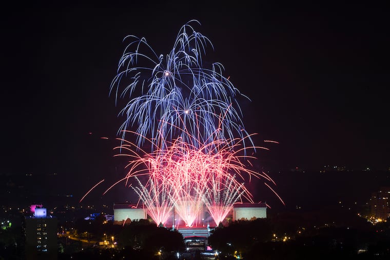 Fireworks lighting up the sky over the Philadelphia Art Museum on July 4, 2019.