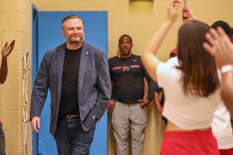 Daryl Morey enters a back to school event hosted by the Philadelphia 76ers in partnership with Five Below at Rhodes Elementary School in Philadelphia on Friday, Sept. 15, 2023.