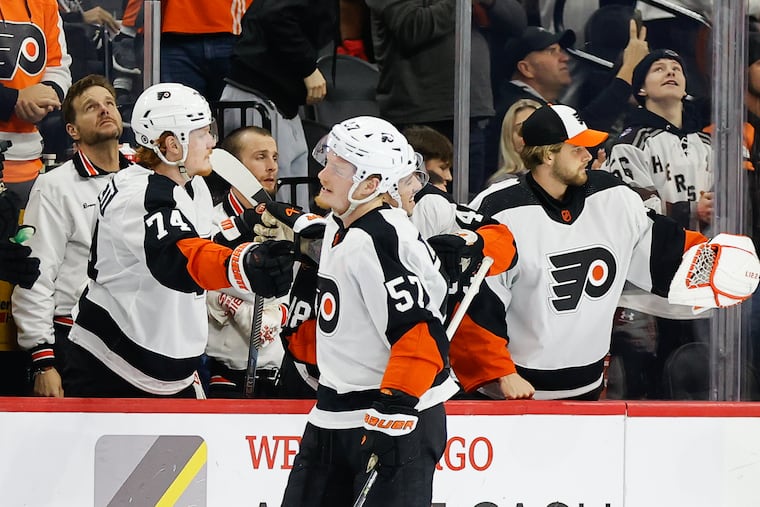 Wade Allison celebrates after his second-period goal on Thursday night against the Arizona Coyotes. The Flyers exploded for five goals in the second period.