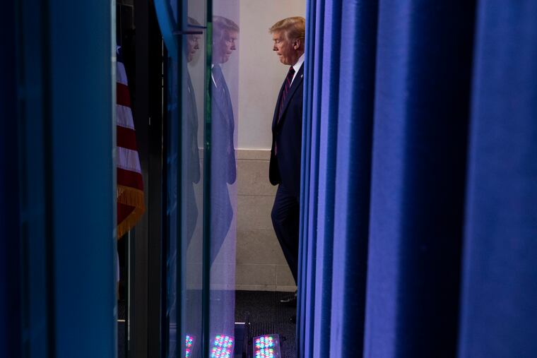 President Donald Trump arrives to speak about the coronavirus in the James Brady Press Briefing Room of the White House in Washington. Trump is governing through the most dangerous crisis forced upon any U.S. leader since World War II. And just seven months before Election Day, he is entering a critical stretch that will determine his reelection, his legacy, and the character of the nation.