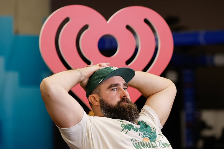 Eagles center Jason Kelce takes a break while recording his podcast, “New Heights with Jason and Travis Kelce,” on Tuesday.