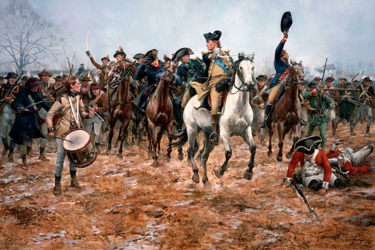 Painting by Don Troiani showing General Washington on a white horse at the Battle of Princeton.