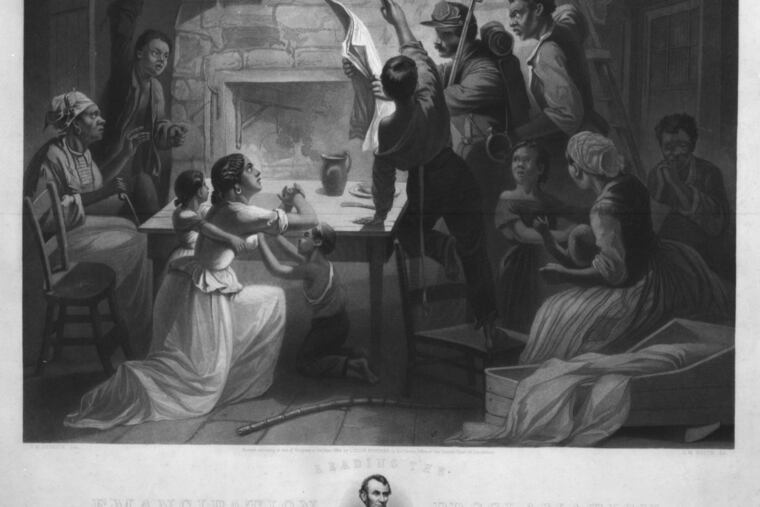 "Reading the Emancipation Proclamation," an engraving by James Watts (1864).