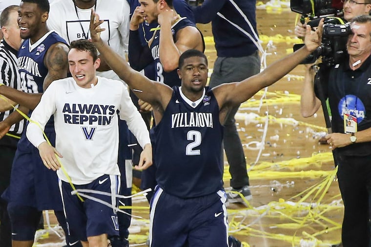 Villanov's Kris Jenkins celebrates his game-winning basket against North Carolina in the NCAA Championship Game at NRG Stadium in Houston, Texas, Monday, April 4, 2016.