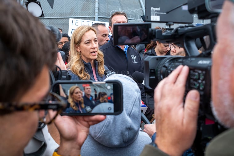 New Jersey Gov. Mikie Sherrill outside the Delaney Hall detention center in Newark on May 25.