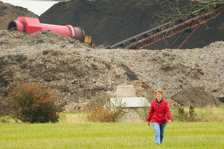 Karen Keiser walks across Louis Farrell's pasture with mulch mountains in the background. Keiser and her neighbors are fighting to have Mountain Mulching's operation shut down by the state. (Ed Hille / Staff Photographer)