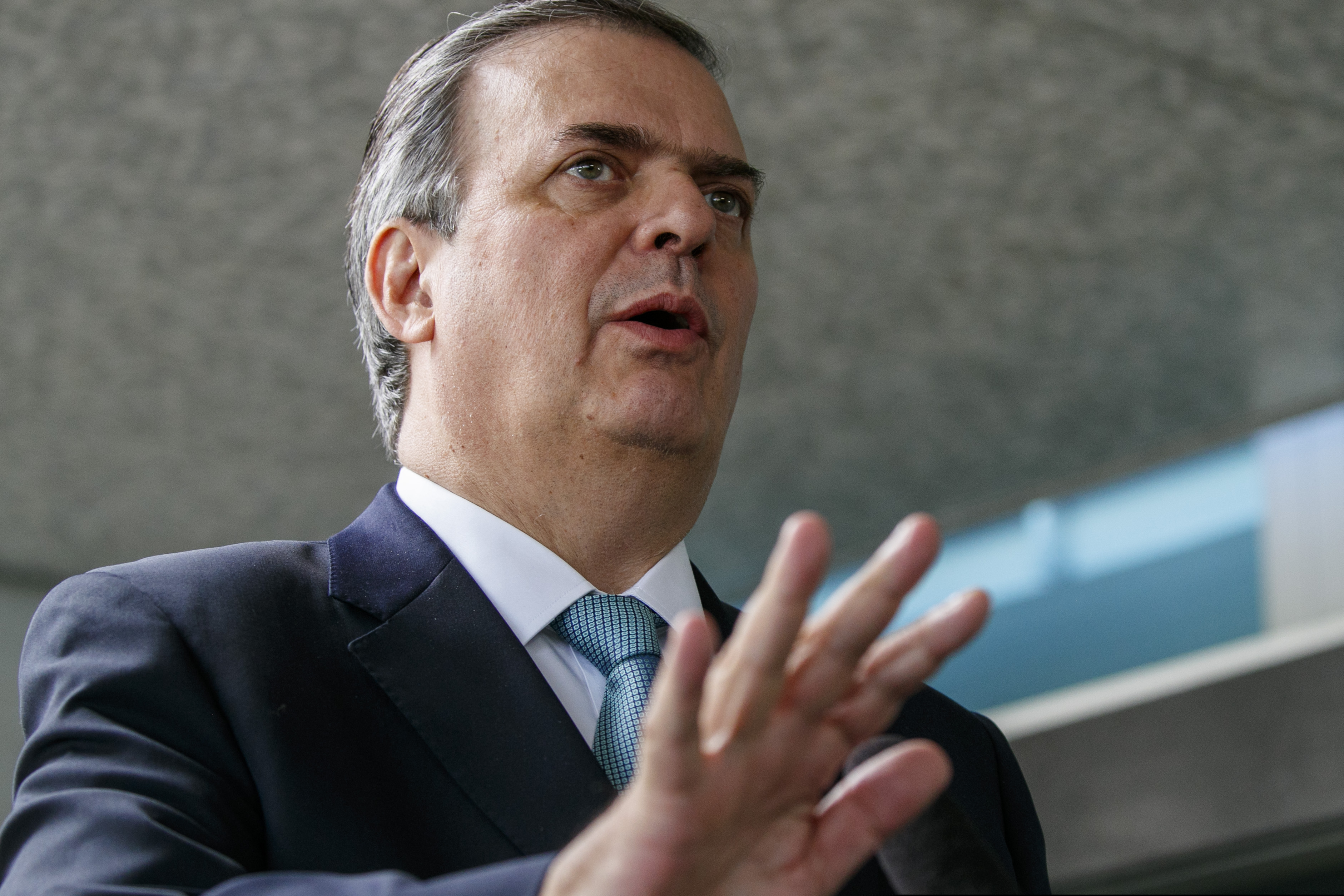 Marcelo Ebrard, Mexico's Secretary of Foreign Affairs, speaks to the media as he leaves a meeting about tariffs at the State Department, Thursday June 6, 2019, in Washington.