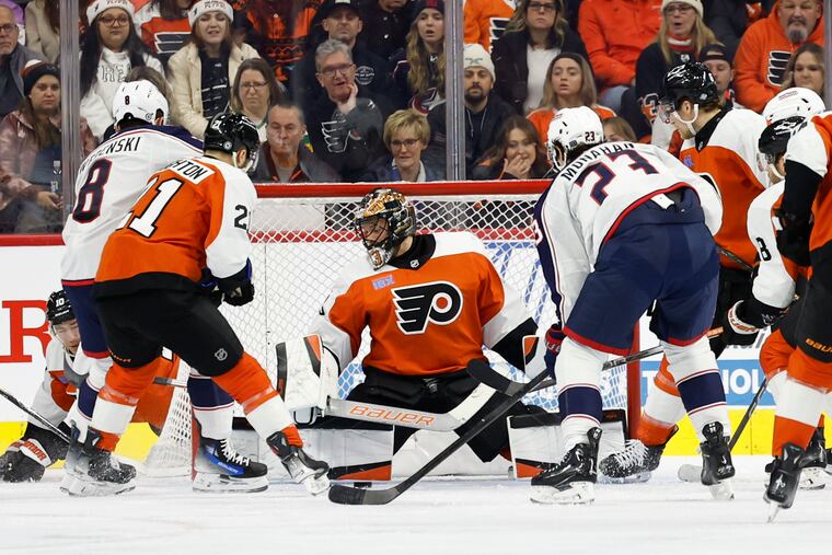 Flyers goaltender Samuel Ersson stops the puck against Columbus Blue Jackets on Dec. 21.
