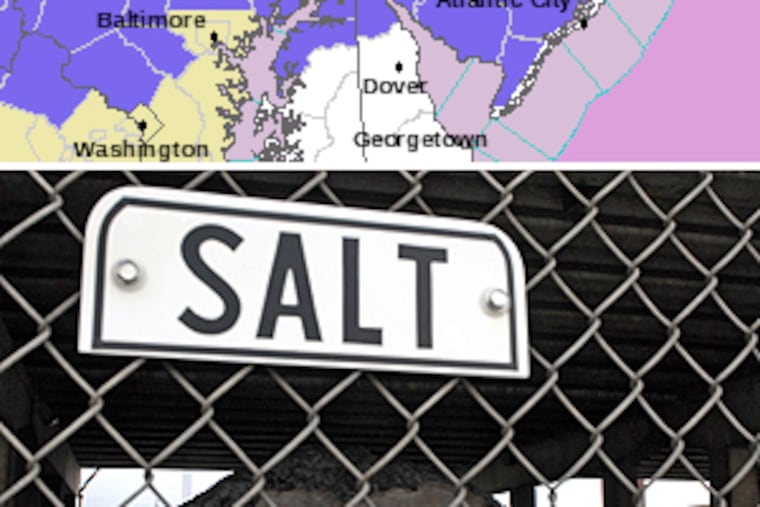 Top: Red marks areas are under a winter storm warning, with two inches of snow and freezing rain possible. Above: Road salt is ready to go at PennDOT stockpile No. 2 under I-95 in South Philadelphia.