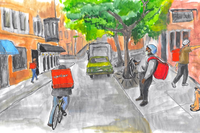 On 10th Street in Center City on a recent evening, food delivery couriers were the only people out and about.