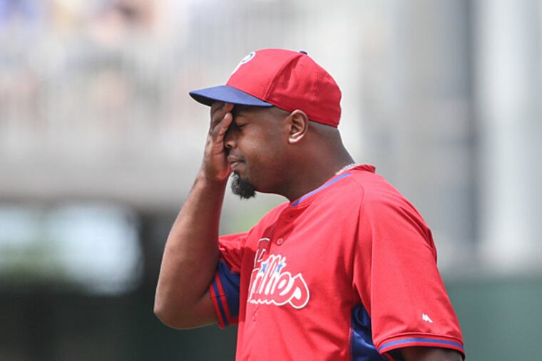 Phillies' pitcher Jerome Williams reacts after serving up a two run homer to Twins' Joe Mauer during the 4th inning at Hammond Stadium in Fort Myers, Florida, Saturday, March 28, 2015. Twins beat the Phillies 7-1. (Steven M. Falk/Staff Photographer)