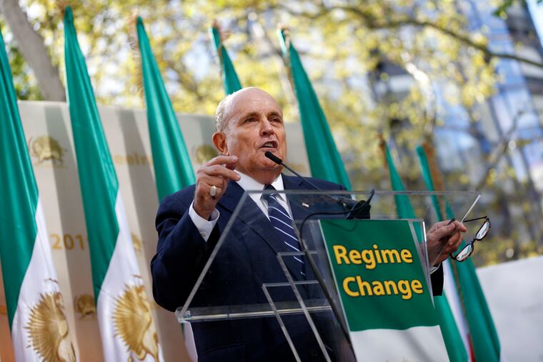 Former New York Mayor Rudy Giuliani speaks at a rally supporting a regime change in Iran outside United Nations headquarters on the first day of the general debate at the U.N. General Assembly, Tuesday, Sept. 24, 2019, in New York. (AP Photo/Jason DeCrow)