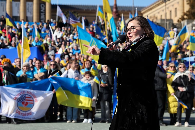 Iryna Mazur, Ukraine's honorary consul to Philadelphia, thanks the crowd at a rally on Sunday on the Philadelphia Art Museum steps. Mazur and other speakers called for continued American support for Ukraine's effort to repel Russian invaders.