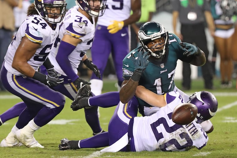 Alshon Jeffery can't hold onto the ball in the fourth quarter of the Eagles' loss to the Vikings in an NFC championship game rematch.