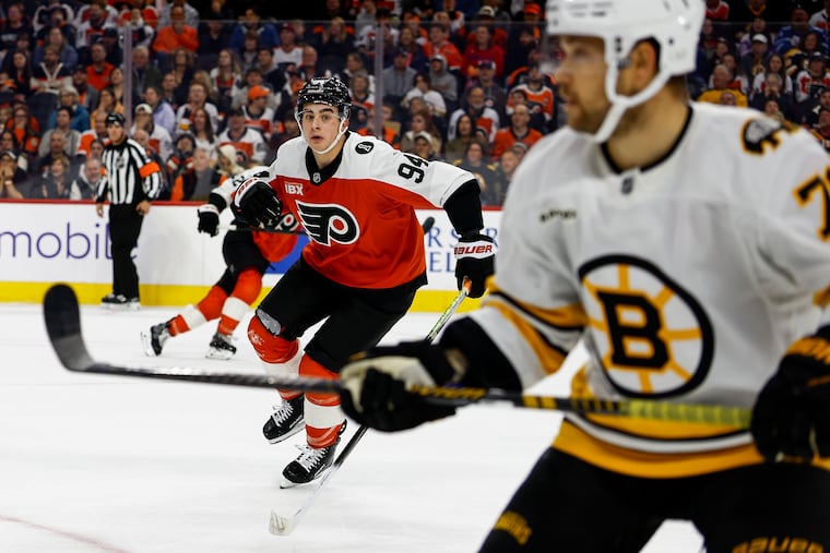 Philadelphia Flyers right wing Porter Martone looks towards the action during the first period at Xfinity Mobile Arena on Sunday, April 5, 2026 in Philadelphia.