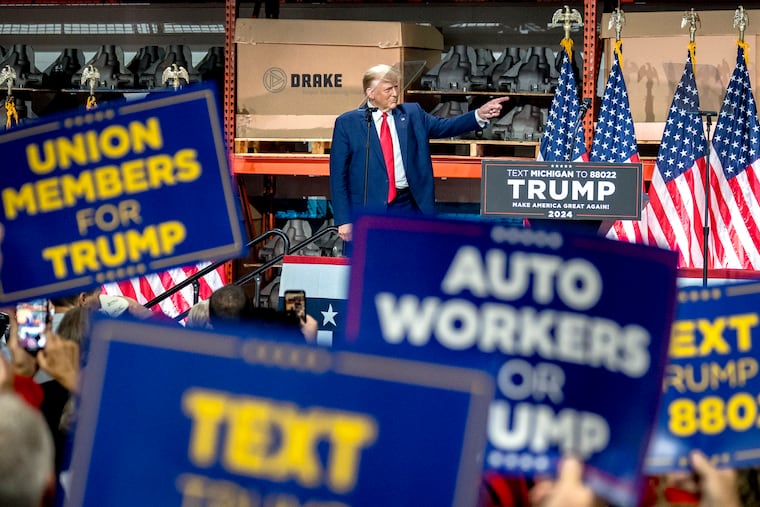 Then-former President Donald Trump at a rally at Drake Enterprises in Clinton Township, Mich., in September 2023.