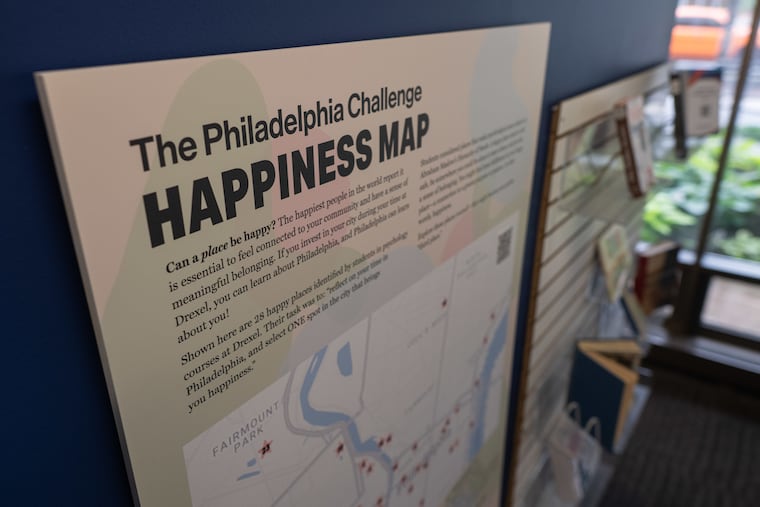 Drexel University professor Eric Zillmer put together a map of the 28 happiest places in Philly based on project from his Psychology 101 class. The map is on display inside W.W. Hagerty Library through Nov. 30.